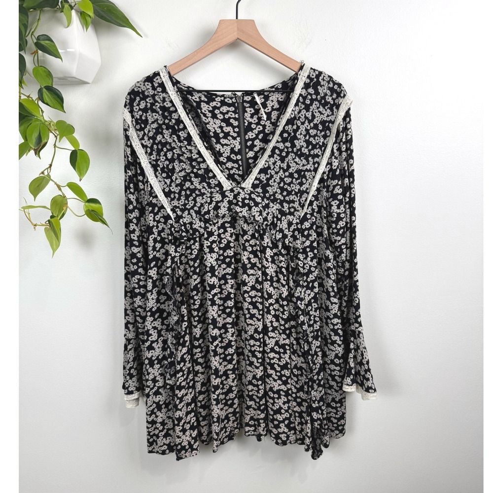 Free People Like You Best Mini Dress Black Floral Lace Trim Bell Sleeve Boho S